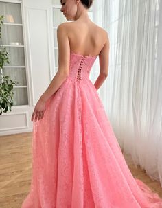 Pink Prom Dress With Bow Straps, Pink Floor-length Gown With Boned Bodice, Pink Gown With Corset Back And Sweetheart Neckline, Spring Princess Dress With Pink Bow, Pink Floor-length Gown With Corset Back, Teuta Matoshi, Rose Pink Dress, Spring Celebration, Custom Size Dresses