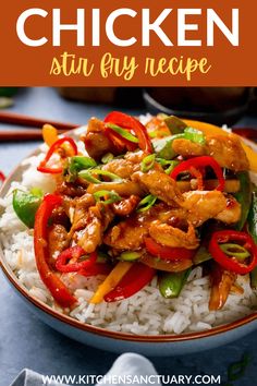 chicken stir fry with rice in a bowl