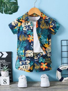 Baby Boy Tropical Leaves Beach Vacation Short Sleeve Shirt And Shorts Set Multicolor     Tropical,Plants  Non-Stretch  Baby Boys Clothing, size features are:Bust: ,Length: ,Sleeve Length: Tropical Printed Sets For Summer, Printed Tropical Sets For Vacation, Tropical Printed Sets For Vacation, Tropical Printed Vacation Sets, Floral Print Sets For Beach Vacation, Tropical Floral Print Sets For Vacation, Summer Beach Sets With Tropical Print, Tropical Floral Print Vacation Sets, Tropical Floral Print Sets For Beach Season