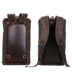 the back and side view of a brown leather backpack