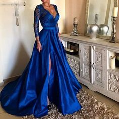 Deep V-Neck Elegant Woman Prom Dress Sexy Length Side Slit Fashion Pri – Global Fashions GC Blue Lace Prom Dress, Royal Blue Lace, Royal Blue Prom Dresses, 파티 드레스, Party Kleidung, Long Sleeve Evening Dresses, Evening Gowns Elegant, Dresses Royal, Satin Prom Dress