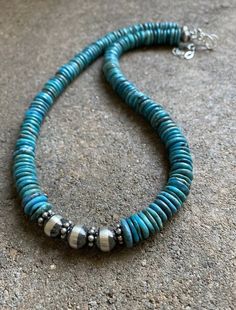 Sterling Silver Turquoise Bead Necklace. 18 inch Turquoise Gemstone Beads Jewelry, Turquoise Rondelle Beaded Necklace Single Strand, Turquoise Rondelle Beaded Necklace, Turquoise Rondelle Gemstone Beads Necklaces, Turquoise Rondelle Necklace With Gemstone Beads, Artisan Turquoise Round Bead Necklaces, Hand-strung Turquoise Necklaces With Round Beads, Turquoise Beaded Rondelle Jewelry, Turquoise Gemstone Bead Necklaces