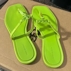 Brand New.Leaf Green.Nwob.Will Come In A Tory Burch Box Just Not The One To These.. Designer Green Open Toe Sandals, Designer Green Sandals With Round Toe, Green Sandals With Branded Insole And Flat Heel, Designer Flat Green Sandals, Designer Green Sandals With Single Toe Strap, Designer Green Flat Sandals, Chic Green Flat Sandals, Green Leather Flip Flops With Round Toe, Tory Burch Sandals