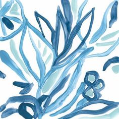 an abstract painting of blue flowers on a white background