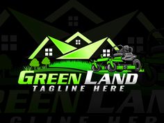 the green land logo is shown in front of a house and lawn mowers