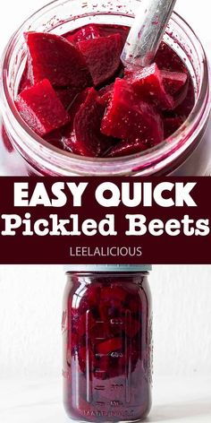 pickled beets in a mason jar with text overlay that reads easy quick pickled beets