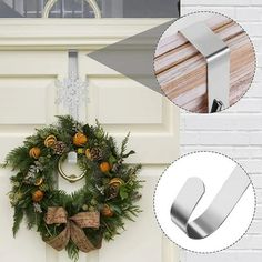 an image of a christmas wreath on the front door with a pair of scissors next to it