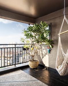 a hammock hanging from a balcony next to a potted plant