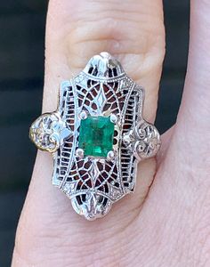 14k white gold Art Deco ring 1/2 ctw emerald Size 4 Gold And Emerald Ring, Gold Art Deco Ring, Gold And Emerald, Art Deco Filigree, Antique Jewelry Rings, Gold Art Deco, Deco Ring, Filigree Ring, Gold Art