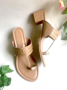 Sole House Women's Vegan Leather Block Heels in Beige and Gold Product Features : Color: Beige and Gold Material: Vegan Leather Product Weight: 300 Grams Kolhapuri Chappals, Indian Sandals, Latest Ladies Shoes, Comfort Box, Pretty Sandals, Women Footwear, Fashion Shoes Sandals, Comfy Slippers, Cute Slippers