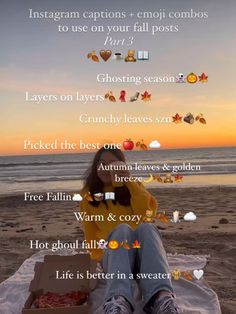 a woman sitting on top of a beach next to the ocean with text overlay