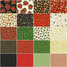 many different types of christmas fabric with red, green and gold designs on them in squares