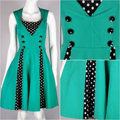 This vintage rockabilly dress from the 1980s has a fun and playful style.  It features a fitted sleeveless button bodice, square neck, fitted waist, and a knee-length flared skirt.  Made from green stretch cotton material with black and white polka dot sections. Sold in excellent condition.  Approximate sizing: Extra small - Small (XS-S) UK: 8-10 US: 6-8 EU: 36-38 Measurements: bust: 32-34" waist: 24-28" hips: free length: 37" Thank you for your interest. Please feel free to reach out if you hav 1950s Style Green A-line Dress, 1950s Style Sleeveless Green Dress, Jive Dance, Green Circle, Playful Style, Heart Button, Rockabilly Dress, Dance Dress, 80s Vintage