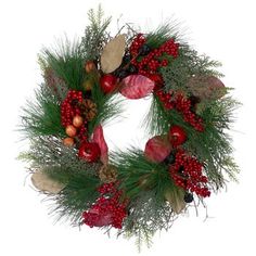 a christmas wreath with red berries, pine cones and greenery