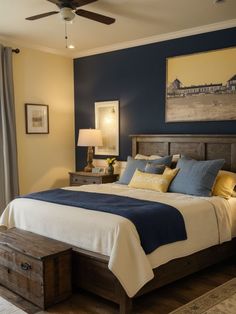 a bedroom with blue walls and white bedding has a wooden bench under the bed