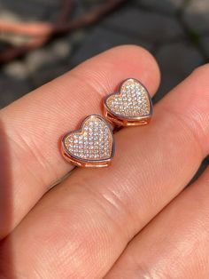 "Amazing stud earrings Solid 925 sterling silver with 14k rose gold plating Stamped 925 for authenticity Wont turn your ears green! 2ct vvs man made diamonds SUPER ICY About 0.5\" (12.5mm) wide perfect large size! Pair weighs around 3.6 grams Screw backs for a secure fit!" Rose Gold Heart Cut Fine Jewelry Earrings, Rose Gold Heart Cut Earrings, Rose Gold Heart Cut Jewelry With Prong Setting, Rose Gold Heart-shaped Cubic Zirconia Jewelry, Rose Gold Heart Cubic Zirconia Jewelry, Rose Gold Pierced Jewelry With Cubic Zirconia, Pierced Rose Gold Jewelry With Cubic Zirconia, Rose Gold Cubic Zirconia Pierced Jewelry, Rose Gold Double Heart Cubic Zirconia Jewelry