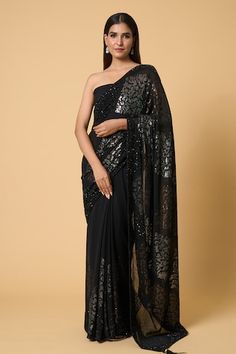 Black saree with metallic sequin embroidered big motifs. Comes with sequined unstitched blouse piece. - Aza Fashions Sequins Saree, Saree For Women, Ready To Wear Saree, Black Saree, Beautiful Dresses For Women, Organza Saree, Saree Look, Sequin Fabric, Blouse Pattern