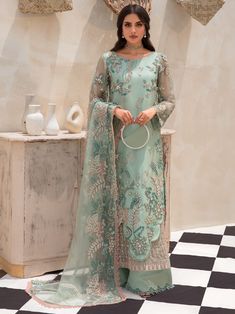 AZZAL by Ayesha & Usman NIA-1 Saffron Spice, Magical Dress, Pakistani Style, Organza Sleeves, Embroidered Organza, Dream Dresses, Neckline Designs, Organza Dupatta, Fashion Attire