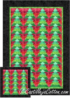 a quilted christmas tree pattern with red and green leaves