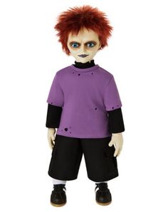 a doll with red hair and blue eyes wearing black shorts, purple shirt and white socks