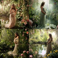 the pregnant women are standing in front of flowers and trees, all wearing gowns