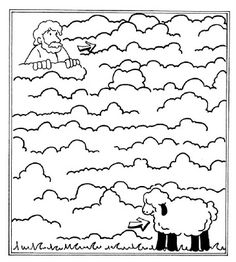 the sheep is standing in front of clouds with a man on top of it, and another