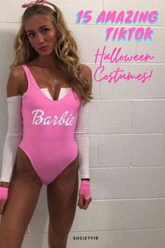 a woman in a pink bathing suit with the words barbie on it and an image of her