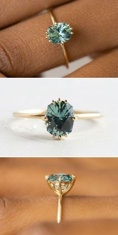 three different views of an engagement ring with blue topaz and green side by side