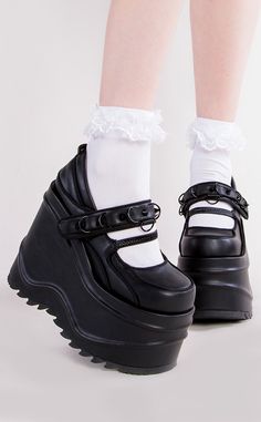 WAVE-48 Platform Wedge Mary Janes | Black Matte-Demonia-Tragic Beautiful Warrior Chunky Sneakers, Aesthetic Platform Shoes, Cute Platform Shoes, Goth Platform Shoes, Warrior Shoes, Red Platform Shoes, Chunky Platform Shoes, High Platform Shoes, Demonia Boots