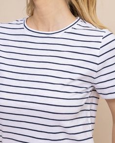 Coastal comfort is easy to achieve in a soft and standard striped tee. This soft cotton crewneck serves as the best base layer for an optimal oceanside outfit. Style: 10819 Everyday Horizontal Stripe Short Sleeve T-shirt, Casual Cotton Top With Horizontal Stripes, Casual Cotton Tops With Striped Hem, Everyday Cotton T-shirt With Striped Hem, Cotton T-shirt With Striped Hem For Everyday, Relaxed Fit Crew Neck T-shirt With Horizontal Stripes, Cotton T-shirt With Striped Hem, Casual Horizontal Stripe Pattern T-shirt For Everyday, Cotton T-shirt With Striped Hem And Relaxed Fit