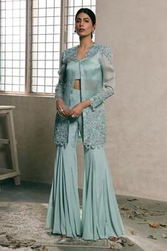 Shop for Dheeru Taneja Blue Crepe Embroidered Jacket And Sharara Set for Women Online at Aza Fashions Shalwar Kameez Pakistani, Mint Green Jacket, Organza Jacket, Sheer Jacket, Desi Wear, Silk Jumpsuit, Pastel Mint, Beautiful Dress Designs, Sharara Set