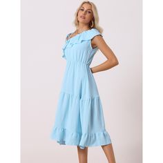 Looking for a charming and elegant dress for your next summer beach getaway? Check out this stunning sleeveless dress with a one-shoulder design, tie strap, ruffled neckline, and a tiered ruffle hem. The midi-length dress comes in a solid color and is perfect for a boho-chic look. The elastic waist makes it comfortable to wear, while the flowy and airy A-line shape complements most body shapes. The cute ruffle skirt adds a playful touch to the dress, making you look more beautiful and elegant. S Blue Ruffled Straps Sundress For Summer, Blue Sundress With Ruffled Straps For Summer, Summer Light Blue Dresses With Ruffled Straps, Light Blue Sundress With Ruffled Straps, Summer Light Blue Dress With Ruffled Straps, Light Blue Dresses With Ruffled Straps For Summer, Beach Dresses With Ruffled Straps For Beach Season, Sleeveless Beach Dress With Ruffled Straps For Summer, Summer Beach Sleeveless Dress With Ruffled Straps