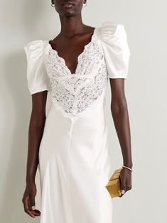 RODARTE Lace-trimmed silk-satin gown | NET-A-PORTER Net A Porter Rodarte, Luxury Wedding Dress With Satin Finish, Feminine Wedding Gown With Fitted Bodice, Feminine Wedding Dress With Satin Finish, Luxury Wedding Gown With Satin Finish, Satin Wedding Gown With Lace Trim, Elegant Satin Gown For Bride, Elegant Lace Trim Wedding Dress, Elegant Satin Bride Gown