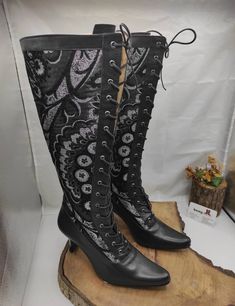 This is handmade genuine leather made to order Victorian style boots. Every size available. İf you need wider calf size please let us know your calf size from widest part of calf. Made with genuine leather. Kitten Heel. Knee High. Light and very comfy. We have door to door express shipping service. To create your boots and if you have any questions please contact with us. bemyboots.etsy.com Thank you Luxury Embroidered Pointed Toe Boots, Fitted Leather Gothic Boots, Fitted Gothic Leather Boots, Gothic High Ankle Leather Heeled Boots, Gothic High Ankle Heeled Leather Boots, Gothic Leather Heeled Boots For Winter, Fitted Black Gothic Lace-up Boots, Gothic Leather Lace-up Boots With Pointed Toe, Black Gothic Snip Toe Boots