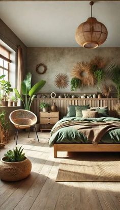 a bedroom with wooden floors and plants on the wall above the bed, along with two wicker chairs