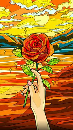 a hand holding a rose in front of an orange sky with clouds and sunflowers