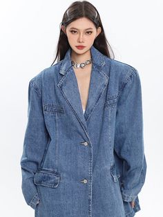 Size: One size fits allStyle: StreetCollar: Suit collarPlacket: Single-breastedColor classification: Denim blueYear Season: Spring 2023Sleeve length: Long sleevesLength: RegularClothing fit: loose fit size Clothing length Bust Shoulder width (with padded shoulders) Sleeve length One size fits all 77 126 53 61 Classic Denim Button-up Blazer, Blue Jeans With Buttoned Pockets For Fall, Spring Washed Blue Denim Jacket With Buttoned Pockets, Trendy Denim Jacket With Buttoned Pockets, Winter Denim Blazer With Buttons, Winter Denim Blue Blazer With Pockets, Blue Jeans With Snap Buttons For Fall, Medium Wash Casual Outerwear With Lapel Collar, Denim Blue Single Breasted Denim Jacket