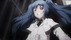 an anime character with long blue hair wearing a white shirt and black bow tie, looking at the camera