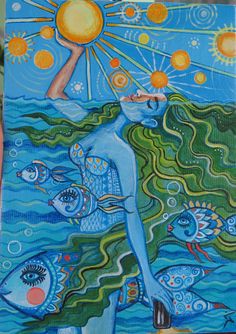 a painting of a woman surrounded by fish and sun