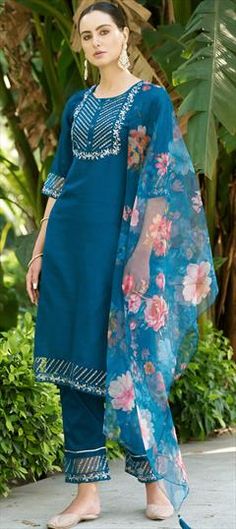 Blue color Salwar Kameez in Silk cotton fabric with Embroidered, Sequence, Thread work Blue Semi-stitched Churidar With Resham Embroidery, Blue Cambric Anarkali Kurta, Blue Anarkali Kurta In Cambric, Blue Anarkali Cambric Kurta, Unstitched Blue Lawn Suit With Dupatta, Bollywood Style Blue Cambric Sets, Blue Bollywood Cambric Sets, Blue Semi-stitched Lawn Suit With Floral Embroidery, Blue Bollywood Lawn Suit With Dabka Work