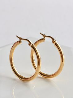 EARRINGS SIZE & MATERIAL❋ 16kt gold plated stainless steel ❋ non tarnishing ❋ nickel free Gold Hoop Stainless Steel Jewelry, Gold Hoop Jewelry In Stainless Steel, Gold Stainless Steel Hoop Jewelry, Nickel-free Gold Stainless Steel Hoop Earrings, Hypoallergenic Gold Stainless Steel Hoop Earrings, Stainless Steel Yellow Gold Hoop Earrings Gift, Elegant Stainless Steel Huggie Earrings, Elegant Round Stainless Steel Huggie Earrings, Gold Round Stainless Steel Earrings