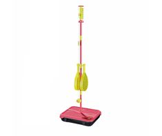 a pink and yellow floor brush holder