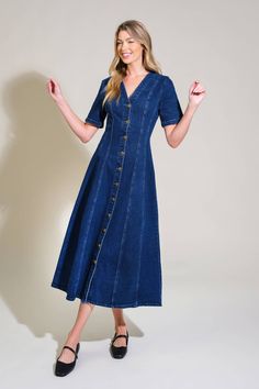 A washed denim midi dress featuring V neckline, short sleeve, side pockets and button down Details: Self : 98% Cotton 2% Spandex Size & Fit - Model is 5`8" And Wearing Size Small- Measurements Taken From Size Small- Approx. Length: 49" V-neck Denim Dress For Work, Fitted V-neck Denim Dress With Buttons, V-neck Denim Dress With Pockets, Button-up Denim Midi Dress With Buttons, Medium Wash Buttoned Midi Dress Casual Style, Casual Medium Wash Midi Dress With Buttons, Denim Button Dress For Work, Knee-length Denim Dress With Buttons For Work, Knee-length Denim Workwear Dress With Buttons