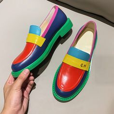 Sidney Multi Color Block Genuine Leather Loafer - 2 Styles. Fun and stylish brogue styleloafer and slides with vivid color blocks. Are you a rainbow lover? Who isn't? Genuine Leather. Handmade. Smooth cow upper material. Breathable microfiber lining and insole. Non-slip rubber outsole. Also available in dandy black. Gender: WomenItem Type: Flats. Brogue. Oxford ShoesUpper Material: Genuine Cow LeatherToe Shape: Round ToeOutsole Material: RubberLining Material: PUInsole Material: MicrofiberClosur Office Shoes For Women, Brogues Style, Gladiator Shoes, Women's Casual Shoes, Basic Heels, Black Slippers, Office Shoes, Mixed Colors, Shoes Leather