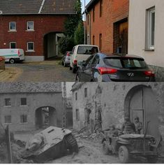 an old black and white photo shows two cars parked in front of a brick building