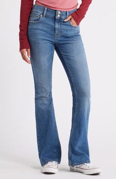 Heavy whiskering, sanding and hints of distressing at the pockets and hems give a lived-in feel to these kicky flare jeans made with a touch of stretch. 31 1/2" inseam Zip fly with two-button closure Five-pocket style 48% cotton, 24% polyester, 26% viscose, 2% elastane Machine wash, tumble dry Imported Not available for sale and shipment to Germany Casual Flared Hem Jeans With Frayed Detail, Casual Medium Wash Jeans With Flared Hem, Casual Medium Wash Flare Jeans With Flared Hem, Casual Medium Wash Flare Jeans, Casual Light Wash Flares For Fall, Mid Rise Flare Jeans, Sanding, Medium Blue, Jeans Pants