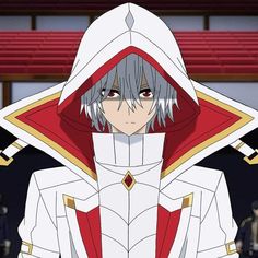 an anime character with grey hair wearing a red and white outfit, standing in front of a bench