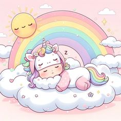 a unicorn sleeping on top of a cloud with a rainbow in the sky behind it