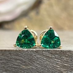 Emerald Stud Earrings, Basket Style, Unisex Earrings, Gold Triangle, Triangle Earrings Stud, Emerald Earrings Studs, Holiday Earrings, Lab Created Emerald, Triangle Studs