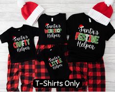 Get your family in the Christmas spirit with this matching Holiday shirt set! Perfect for Festive Parties, xmas morning, or just some jolly fun. Each shirt features a unique 'helper' for every family member. Customizable for your family! LISTING IS FOR SHIRTS ONLY All items are made to order. They will ship within one week from one of our printing partners. Please allow sufficient time for production and shipping. If you have any issues or concerns, please reach out to us directly via Etsy messa Family Matching Holiday T-shirt With Letter Print, Family Matching Letter Print Holiday Tops, Family Matching Holiday Tops With Letter Print, Black Christmas Tops With Letter Print, Black Cotton Holiday Top, Family Matching Christmas Shirt With Letter Print, Letter Print Tops For Family Holiday, Black Cotton Shirt For Holiday, Black Tops With Letter Print For Holiday